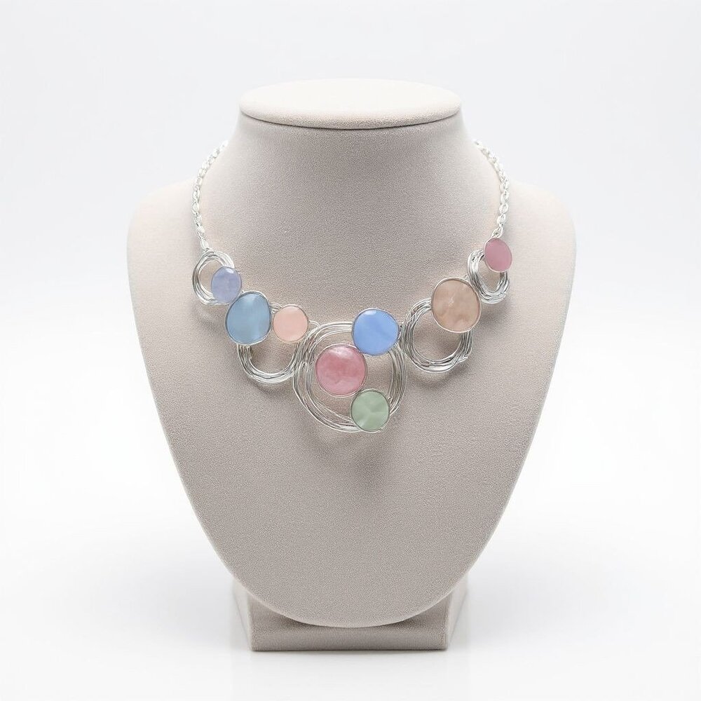 Silver tone choker necklace with multicoloured Pastel enamel disks 9" Adjustable